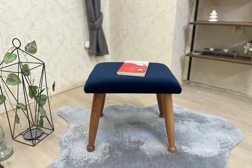 Trend Puf, Lacivert, Naturel Ahşap Ayak