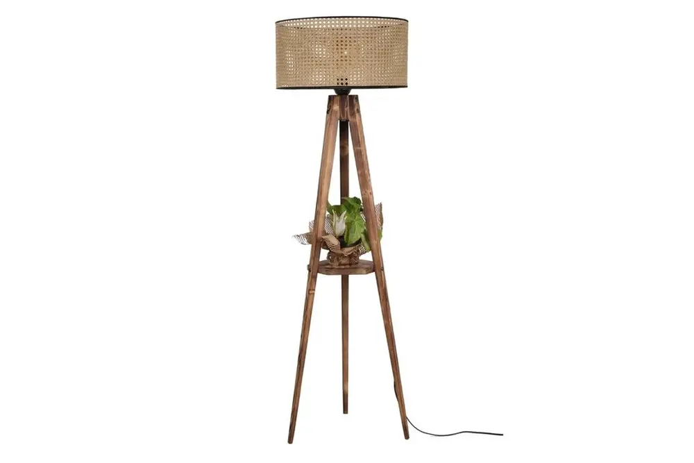 Sehbalı Tripod Lambader Yanık Silindir Rattan Abajurlu