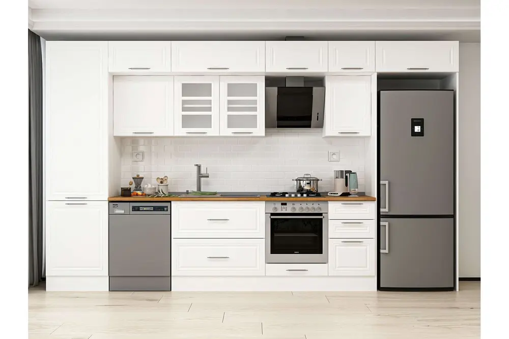 Alvinka 385X240 Cm Klasik Mebran Mutfak Dolabı, Mbb E80B60S45 3 Mebran Beyaz Suntalam