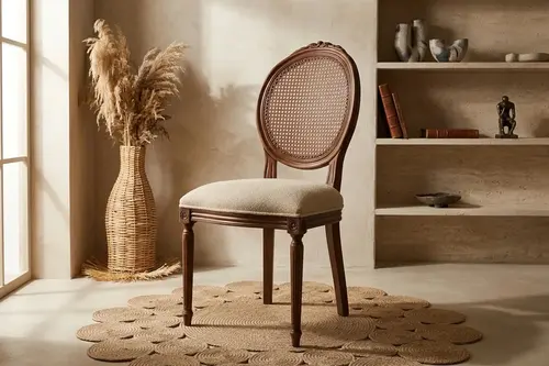 Madalyon Sandalye, Ceviz Ahşap, Krem Kumaş