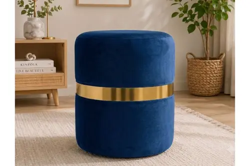 Alora Gold Şeritli Silindir Puf, Mavi
