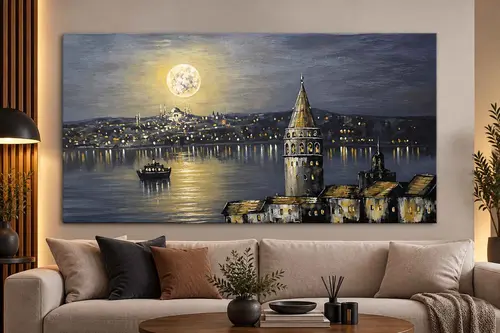 Gece Aydınlığı Galata Kulesi Orijinal Yağlı Boya Tablo