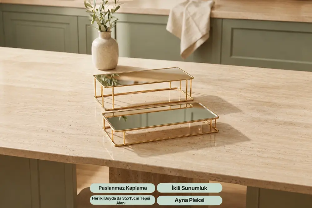 Prizma Aynalı Tepsi 2Li Set 30X15Cm, Gold