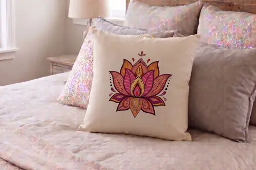 Maki Home Transfer Baskılı Desenli Kırlent Kılıfı, Lotus Çiçeği Desenli, 41X41 Cm