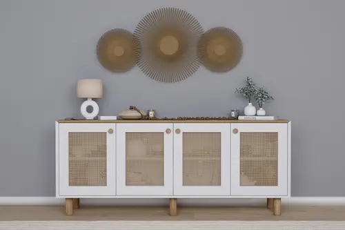 Bohem Natura Pvc Hasır Desen Konsol, Beyaz Ceviz, 4 Kapak