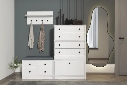 Luna Puflu Raflı Askılıklı Çekmeceli Beyaz Vestiyer Çıtasız 130 Cm Vst 1108 Ç
