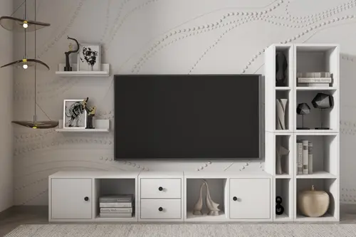 Leron Eva Raflı Kitaplıklı İki Çekmeceli İki Kapaklı Beyaz Televizyon Ünitesi Hvv Tvt 1001