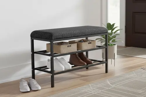 Luxe Keten Kumaşlı Puf Ayakkabılık Bench, Antrasit