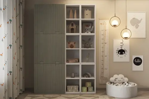 Leon Yeşil Desenli Kapaklı Çocuk Kitaplığı Beyaz Çok Amaçlı Düzenleyici Çocuk Odası Dolabı Nrg Od 1012