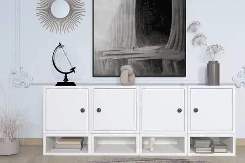 Consola Konsol Dört Kapaklı Alt Organizer Raflı Ayaksız Minimal Mat Beyaz-Nrg-Kns-1015
