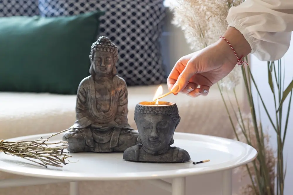 Beton Buddha Heykel Ve Mumluk Set