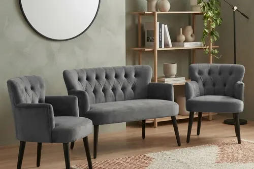 Roma 2+1+1 Babyface Kumaş Chester Çay Seti Koltuk Takımı Ahşap Siyah Ayak Gri