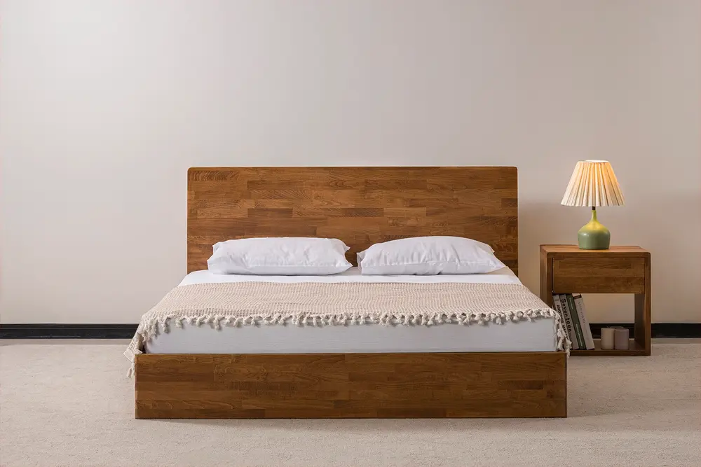 Nordik Ahşap Başlıklı Masif Kayın Karyola, Ceviz, 90X200
