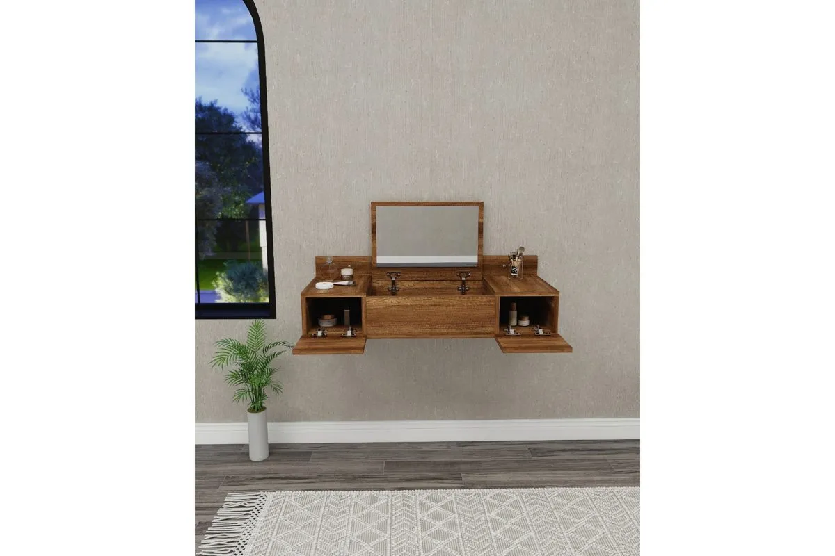 Zakkum Raflı Aynalı Duvara Monte Makyaj Masası, Ceviz