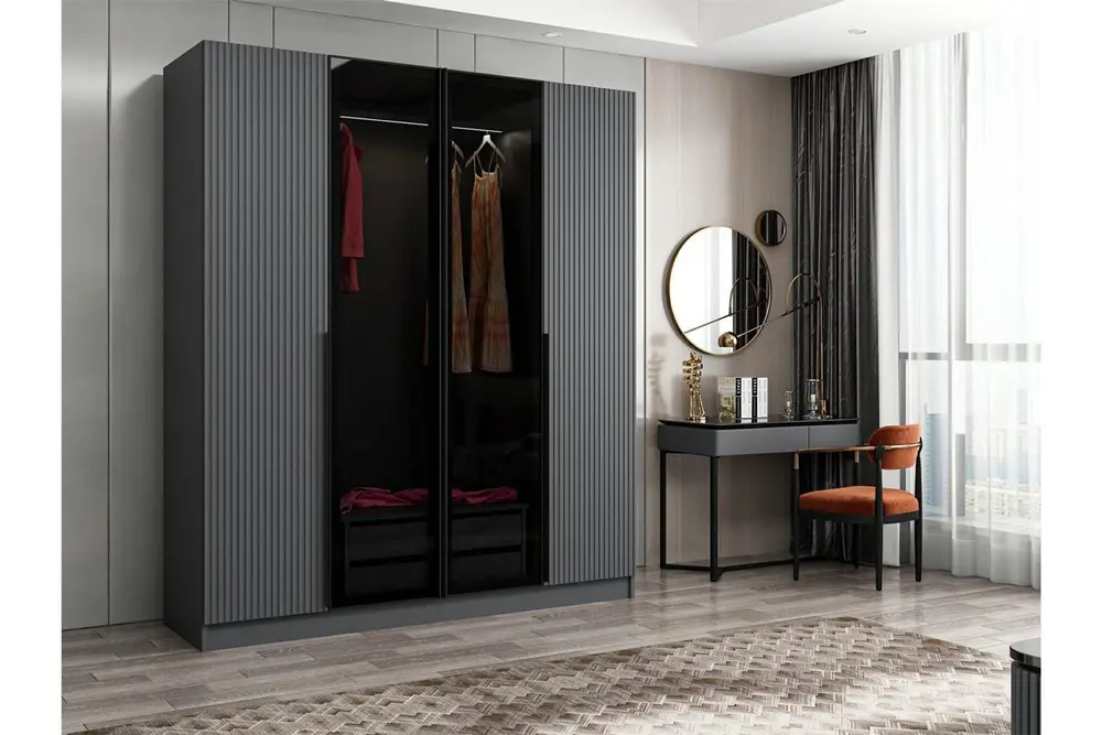 Kale Plus 4 Mebran Kapaklı 2 Çekmeceli Dolap, Antrasit Mebran Füme Cam, 190 Cm