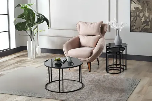Tubihome Sehpa Takımı, Siyah Ayak Siyah Cam