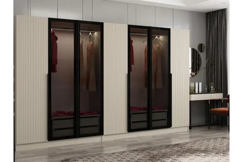Kale Plus 7 Mebran Kapaklı 4 Çekmeceli Dolap, Kumtaşı Mebran Füme Cam, 210 Cm