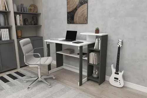 Saye Kitaplıklı Çalışma Masası, Antrasit Beyaz, 5 Raflı