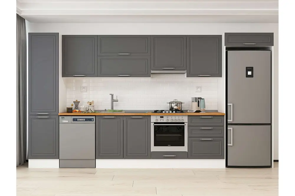 Alvinka 400X222 Cm Klasik Mebran Mutfak Dolabı, Mbb E90B50S60 1 Mebran Antrasit Mdf