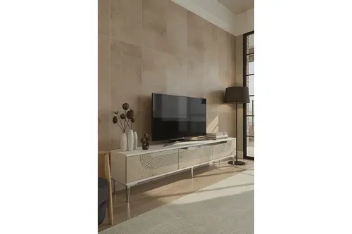 Meyra Tv Sehpası, Beyaz Traverten Sılver, 180 Cm