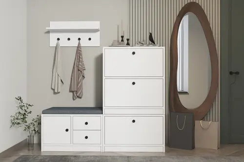 Luna Puflu Raflı Askılıklı Çekmeceli Beyaz Vestiyer Çıtasız 130 Cm Vst 1105 Ç