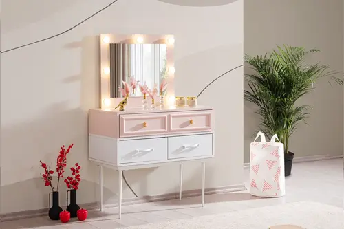 Rosa Çekmeceli Ledli Şifonyer Ve Aynası, Pembe