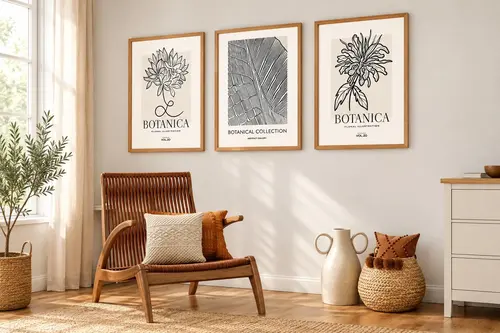 Premium Ahşap Çerçeveli Üçlü İskandinav Bohem Tablo Seti, Set6, 70X50Cm