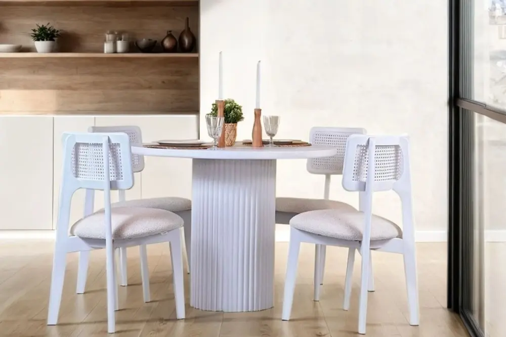 Morena 4 Sandalyeli Yuvarlak Masa Takımı, Beyaz, 100X100