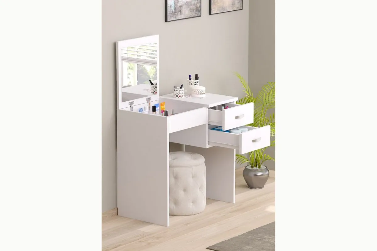 Luxe Aynalı Organizer Dolaplı Makyaj Masası, Beyaz, 2 Çekmeceli