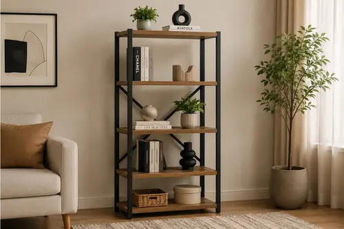 Metal Gövdeli Ceviz Kitaplık, 5 Raflı, 59X24X150 Cm