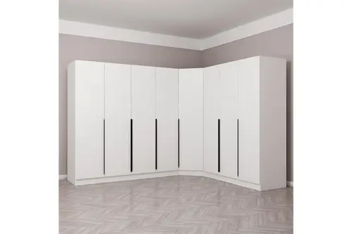 Kaleplus 8 Kapaklı 4 Çekmeceli Köşe Dolap Beyaz Mebran Beyaz Çizgili 190Cm