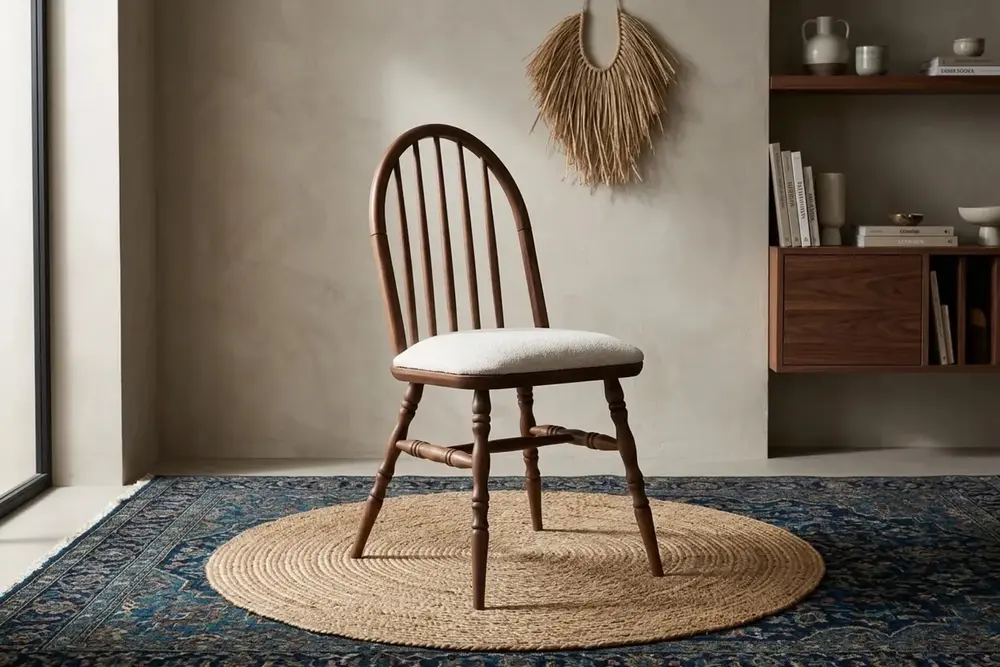 Motifli Ada Sandalye, Ceviz Ahşap, Krem Kumaş