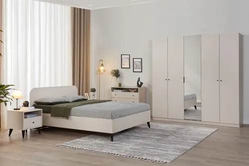 Solina Yatak Odası Takımı, 5 Kapaklı, Ahşap Başlıklı, Bej