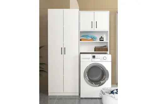 Lumy Tuco Çamaşır Makinesi Banyo Dolabı, Beyaz, 2 Kapaklı 5 Raflı