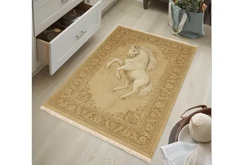 At Figürlü Vintage Bej Desenli Halı, Etnik Kilim Dokuma Taban Halı, 329 Yng, 60X120 Cm