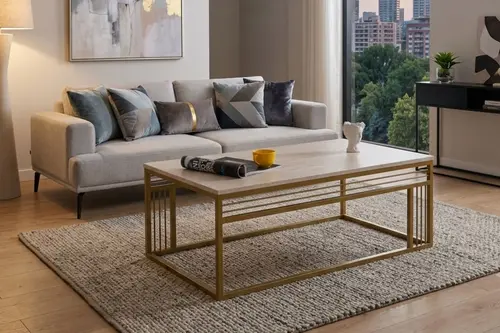 Milano Gold Metal Ayaklı Traverten Üst Tablalı Orta Sehpa