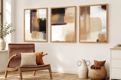 Premium Ahşap Çerçeveli Üçlü İskandinav Bohem Tablo Seti, Set12, 70X50Cm
