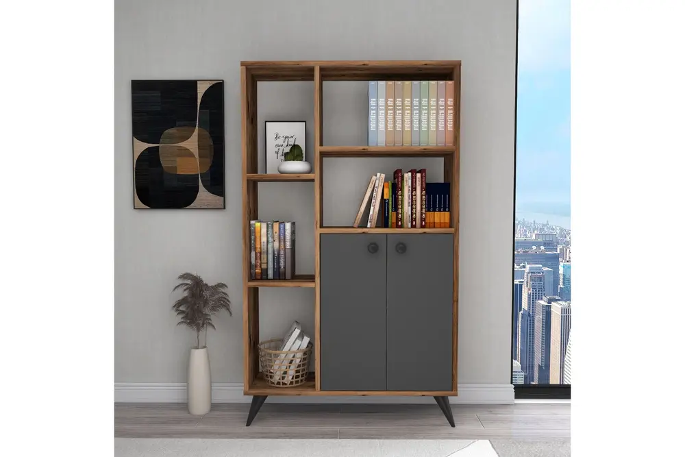 Meldan 7 Raflı2 Kapaklı Modern Kitaplık, Ceviz Antrasit