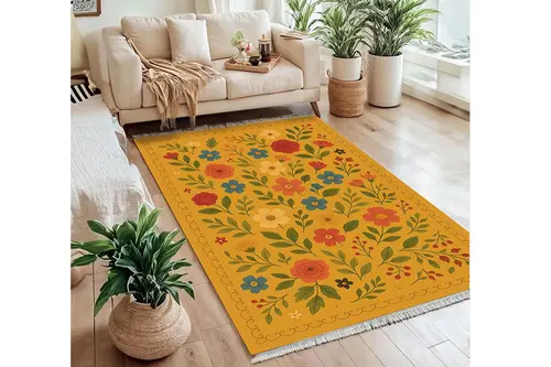 Hardal Çiçek Vintage Dokuma Taban Halı, 418 Yng, 60X120 Cm