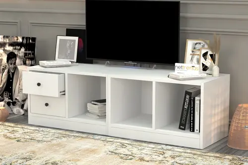 Leron Kitaplikli Çekmeceli Tv Ünitesi Beyaz 130 Cm Tvt 1001 Ç