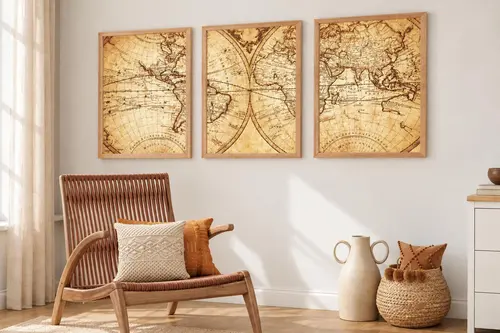 Premium Ahşap Çerçeveli Üçlü İskandinav Bohem Tablo Seti, Set10, 70X50Cm