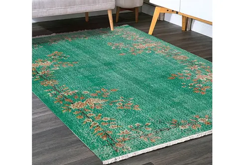 Yosun Yeşili Çiçekli Vintage Dokuma Taban Halı, 365 Yng, 60X120 Cm
