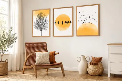 Premium Ahşap Çerçeveli Üçlü İskandinav Bohem Tablo Seti, Set7, 70X50Cm