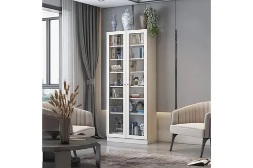 Dekorex Temperli 2 Cam Kapaklı Kitaplık, Beyaz