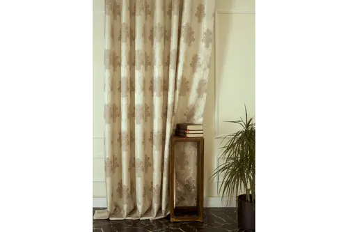Klasik Damask Desen Sık Pile Fon Perde, Krem Vizon, 60X260