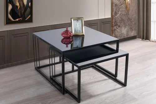 Siena Orta Sehpa Takımı, Siyah Metal Ayaklı, Füme Aynalı