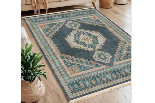 Etnik Denge Mavi Baskılı Dokuma Taban Halı, 289 Yng, 60X120 Cm