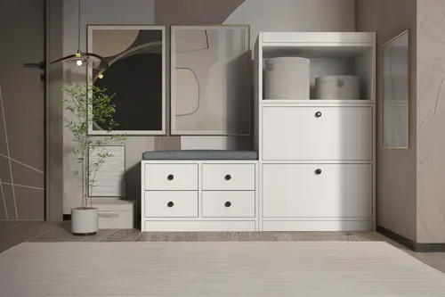 Luna Puflu Raflı Askılıklı Çekmeceli Beyaz Vestiyer Çıtasız 130 Cm Vst 1104 Ç