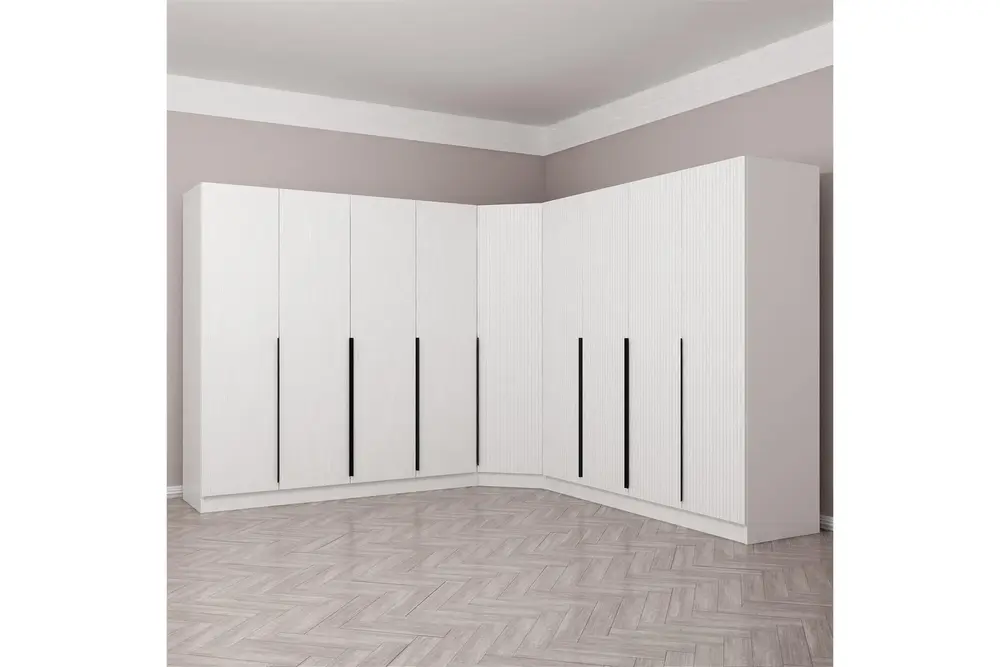 Kaleplus 9 Kapaklı 4 Çekmeceli Köşe Dolap Beyaz Mebran Beyaz Çizgili 190Cm
