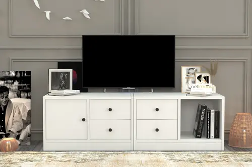 Leron Dolapli Çekmeceli Tv Ünitesi Beyaz 130 Cm Tvt 1008 Ç